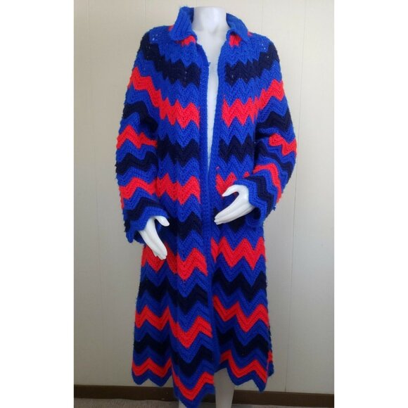 Crochet Granny Square Coat XL Cardigan Handmade Afghan Chevron Rainbow Red Blue - Picture 3 of 11